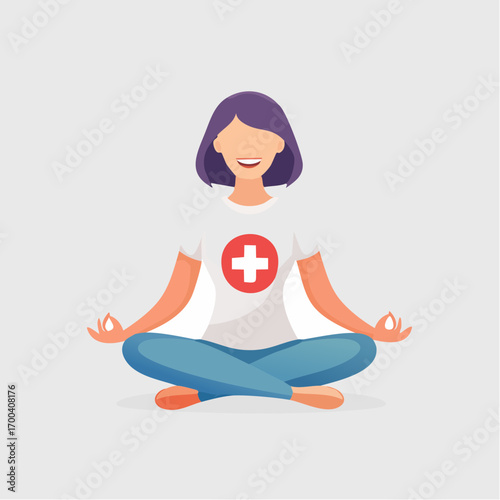 Illustration of a smiling woman in lotus position meditating with a red cross on her shirt