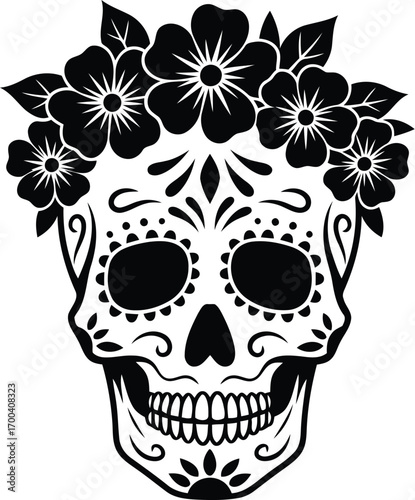 Ornate sugar skull adorned with a crown of delicate flowers transparent background