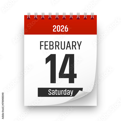 Date 14 February 2026 year realistic calendar day page design. February 14 transparent png