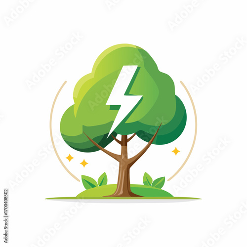Illustration of a stylized tree with a lightning bolt symbol representing green energy