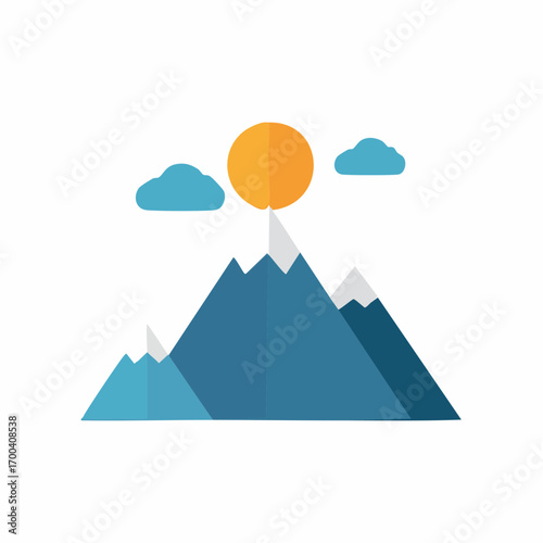 Illustration of a sunny day over a mountain range with fluffy clouds and a bright sun
