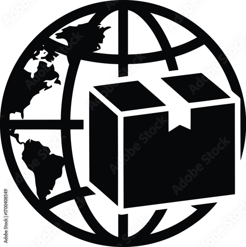 Global shipping box icon representing worldwide logistics and international commerce transparent background
