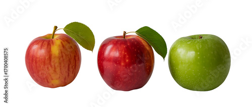 Three apples, two red and one green, with leaves isolated on transparent background
