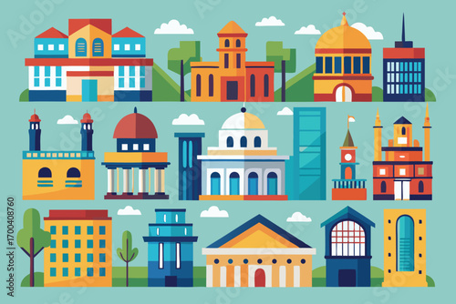 This image showcases a collection of various city buildings in a vibrant, flat design style.