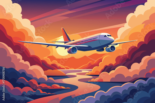 A vibrant illustration depicts a passenger jet flying high above a winding river valley at sunset.