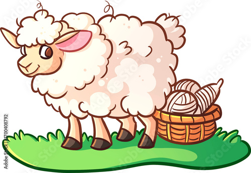 Colored vector illustration cartoon of a sheep with green grass for coloring pages