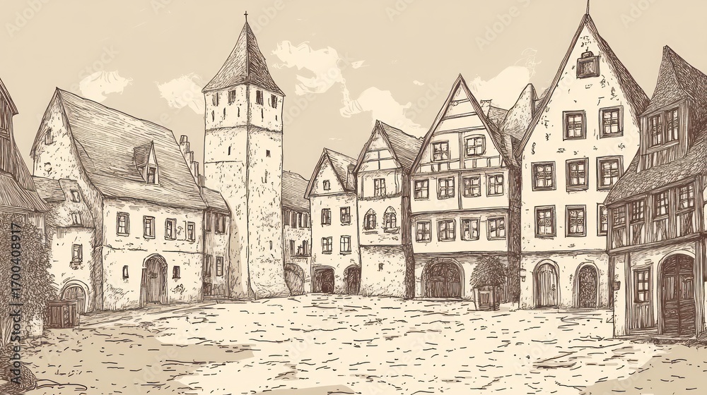 Old european town square drawing