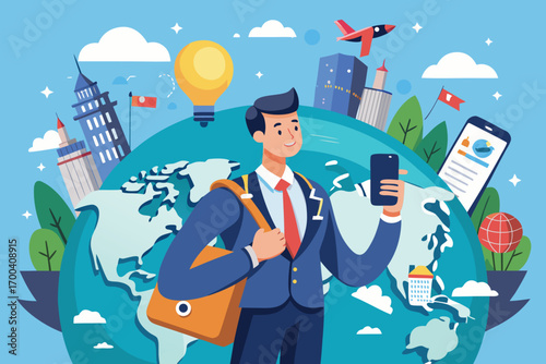 A cheerful business professional, possibly a doctor, stands amidst a globe illustration, interacting with a smartphone.