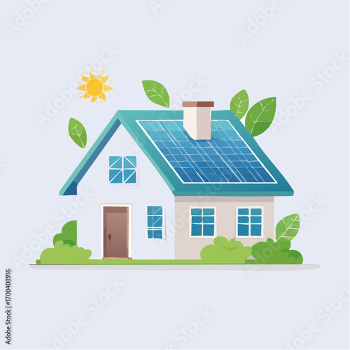 Illustration of a sustainable house with solar panels, greenery, and a shining sun above