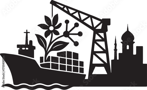 Global trade and sustainability concept with cargo ship, crane, and flower silhouette.