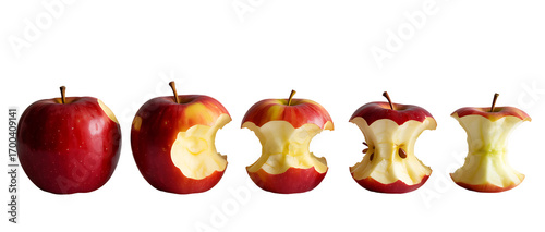 Progression of an apple being eaten, isolated on transparent background