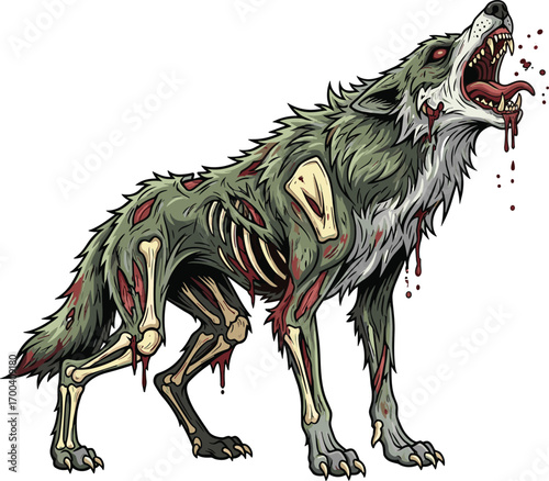 Terrifying zombie wolf with rotting flesh and exposed bones, howling fiercely in the night, perfect for horror and Halloween themes.