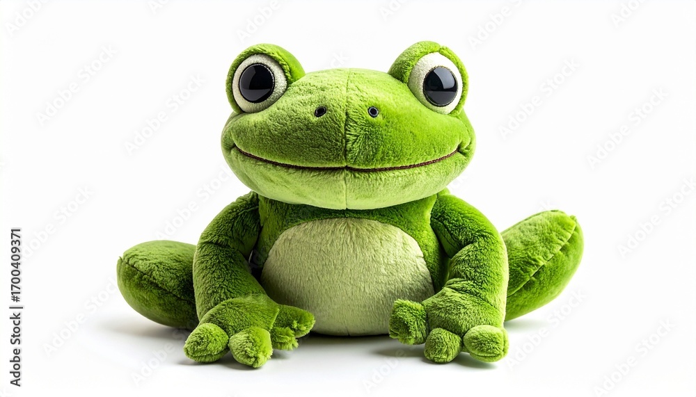 Obraz premium Plush frog toy with soft green fabric stitched smile round button eyes stuffed body and lightweight cuddly design made for children isolated on white background 