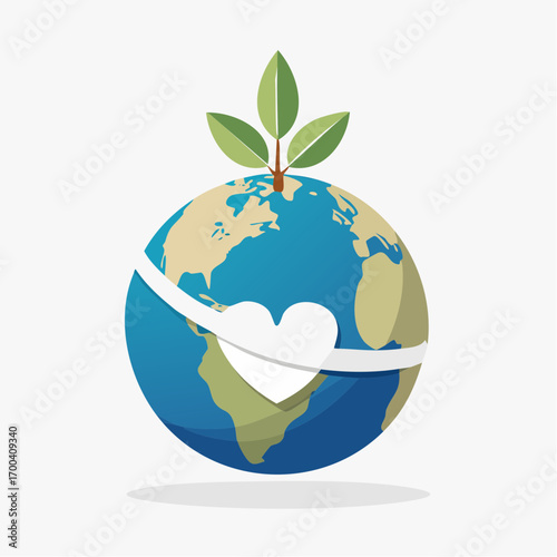 Illustration of Earth Encircled by a Heart, with a Sprout of Leaves, Symbolizing Global Care