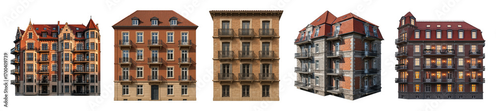 Fototapeta premium Historical European apartment buildings set including varied facades and detailed architecture isolated. Urban design and city scene elements.