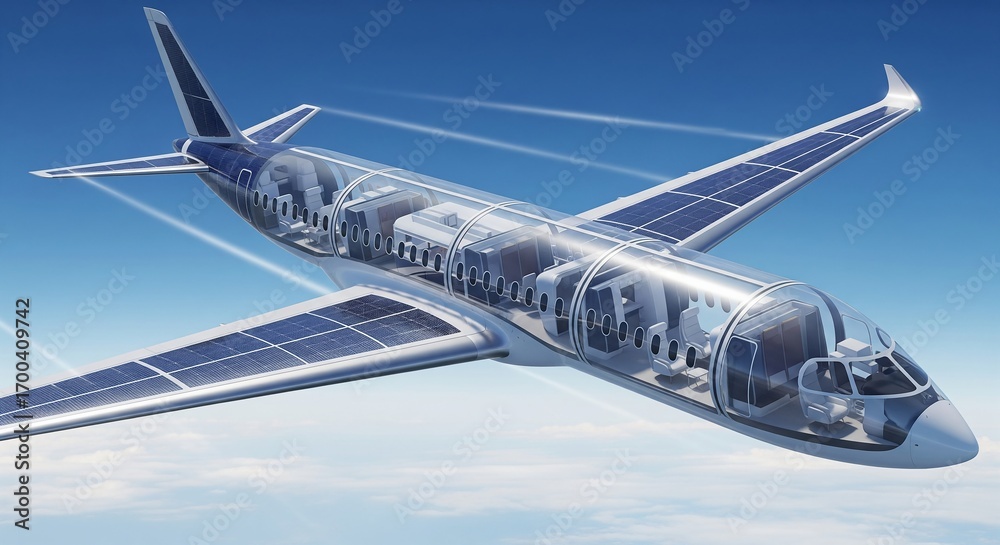 Fototapeta premium Futuristic Solar Airplane Concept for Sustainable Air Travel