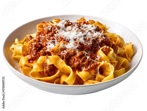 Classic Tagliatelle al Ragù alla Bolognese. Fresh pasta ribbons in a rich, slow-cooked meat sauce, topped with grated Parmesan. Isolated dish.