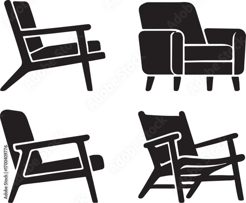 A set of four modern armchair silhouettes with various styles, including mid-century and minimalist designs