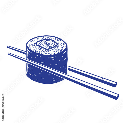 Illustration of a delicious sushi roll with chopsticks on a clean white background