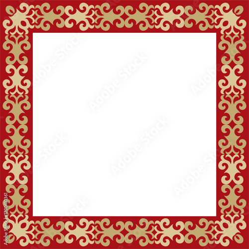 Vector gold with red square Kazakh national ornament. Ethnic pattern of the peoples of the Great Steppe,
