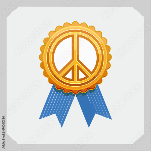 Illustrative depiction of a golden peace symbol medal with blue ribbon, isolated.
