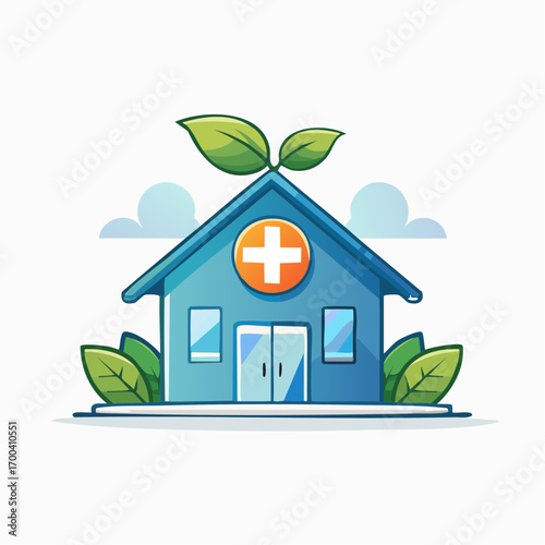 Illustrative depiction of a verdant wellness center with a medical symbol and leaf accents