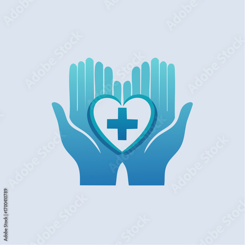 Illustrative depiction of caring hands cradling a heart with a medical cross symbol