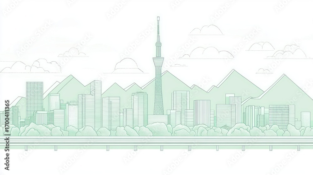 Obraz premium City skyline outline light green illustration