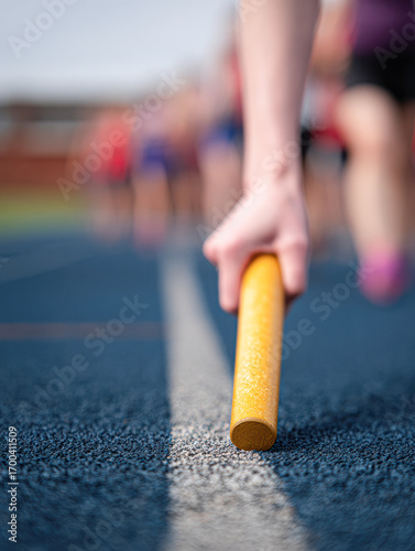 A close-up of a hand gripping a yellow relay baton, preparing for a race on a blue track, with blurred runners in the background.