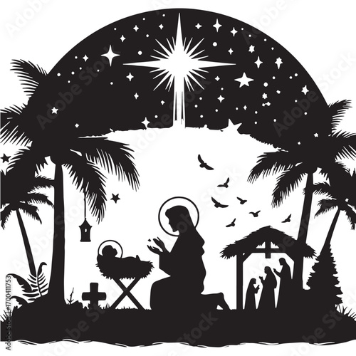 Black Baby Jesus Nativity Silhouette Vector Illustration design, Solid White Background