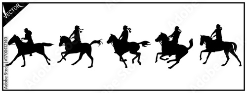 Set of silhouettes of horse riders in different poses, isolated on white background.
