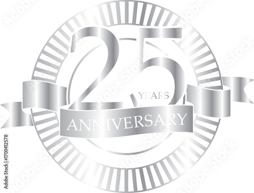 25th anniversary emblem in gradient silver color. 25 years icon isolated on a transparent background