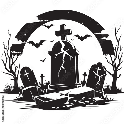 Black Broken Tombstone Silhouette Vector Illustration design, Solid White Background