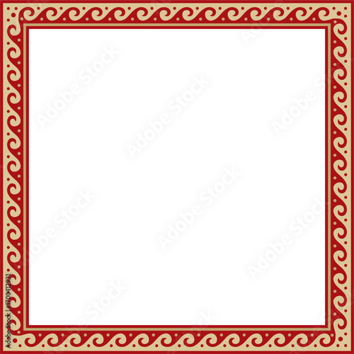 Vector gold with red classic Greek square ornament. Rectangle of Ancient Greece and Roman Empire. Byzantine painting of walls, floors and ceilings. Decoration of European palaces.
