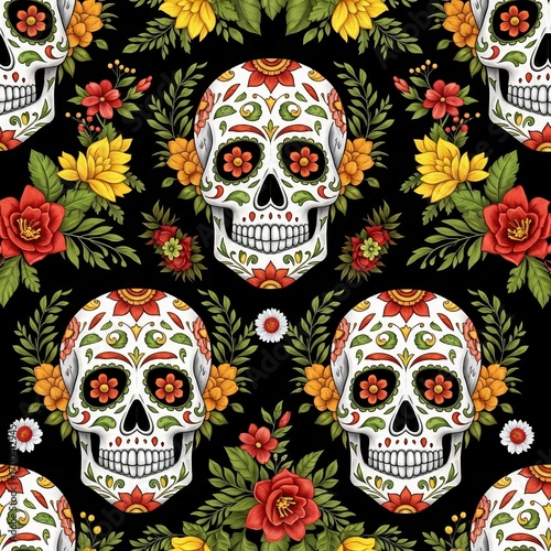 Seamless Day of the Dead skulls and bright flowers pattern, black background, perfect for celebration textiles. 