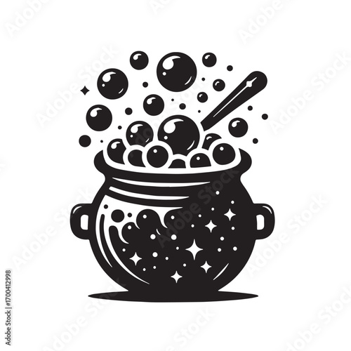 Black Cauldron with Bubbles Silhouette Vector Illustration design, Solid White Background