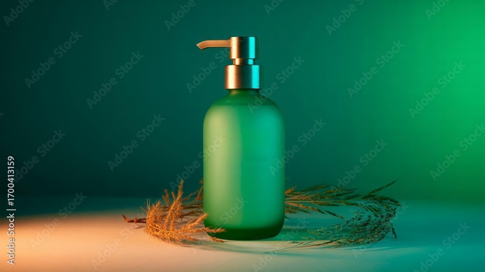 Fototapeta premium Green Frosted Pump Bottle with Minimalist Background