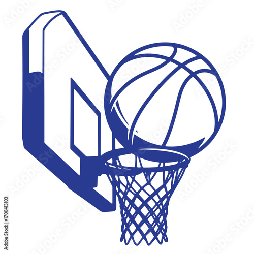 Simple illustration of a basketball net and ball representing sport and recreation