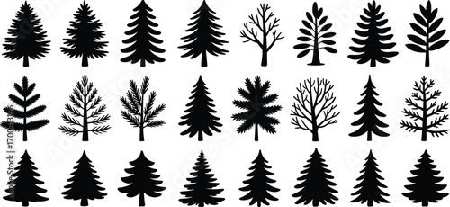 Collection of pine tree silhouettes, winter and Christmas tree icons, forest elements set, evergreen tree vector illustration, holiday nature symbols 