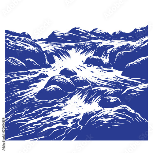 Stylized blue and white artwork of a rushing waterfall in a mountainous landscape