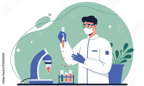 A man in a white lab coat is wearing a mask and holding a test tube. He is in a lab setting