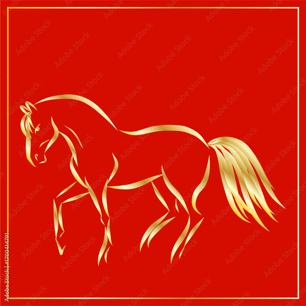 Fototapeta premium Lunar New Year Mascot Horse Portrait. Calendar Mascot Animal Art. Gold Horse Outline Ink Silhouette Sketch Drawn. Hand Crafted China Zodiac Sign Contour. Greeting Gift Card Decoration Design.