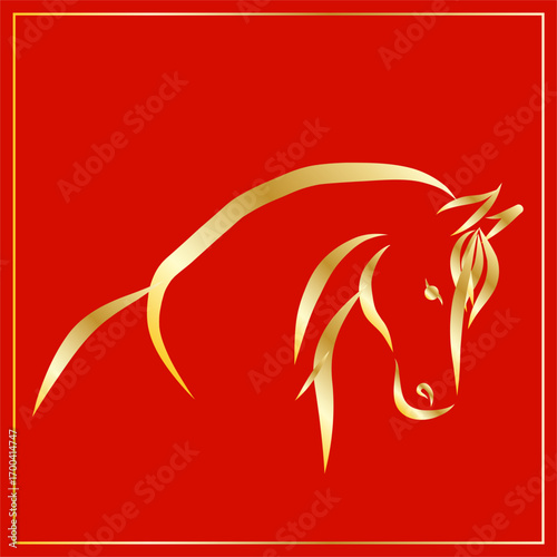 Lunar New Year Mascot Horse Portrait.  Calendar Mascot Animal Art. Gold Horse Outline Ink Silhouette Sketch Drawn. Hand Crafted China Zodiac Sign Contour. Greeting Gift Card Decoration Design.