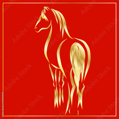 Lunar New Year Mascot Horse Portrait.  Calendar Mascot Animal Art. Gold Horse Outline Ink Silhouette Sketch Drawn. Hand Crafted China Zodiac Sign Contour. Greeting Gift Card Decoration Design.