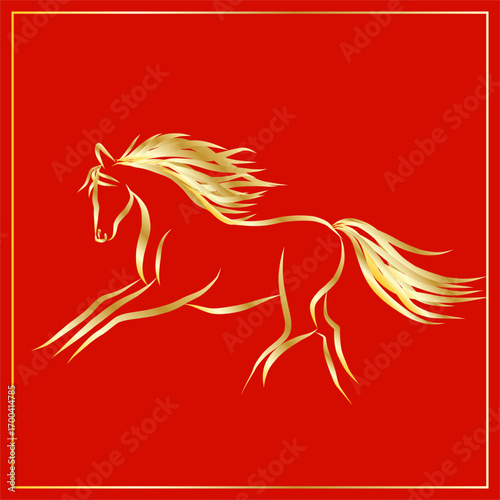 Lunar New Year Mascot Horse Portrait.  Calendar Mascot Animal Art. Gold Horse Outline Ink Silhouette Sketch Drawn. Hand Crafted China Zodiac Sign Contour. Greeting Gift Card Decoration Design.