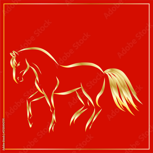 Lunar New Year Mascot Horse Portrait.  Calendar Mascot Animal Art. Gold Horse Outline Ink Silhouette Sketch Drawn. Hand Crafted China Zodiac Sign Contour. Greeting Gift Card Decoration Design.