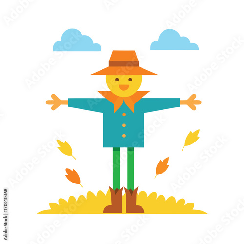 Cheerful Scarecrow with Falling Leaves Keywords: scarecrow, autumn, fall, harvest, farming