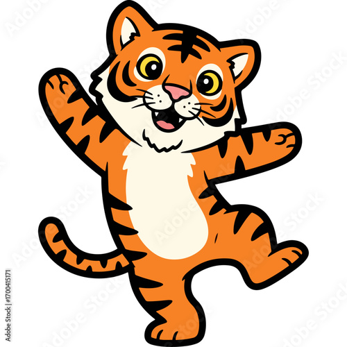 A cartoon illustration of a smiling tiger cub on a white background, expressing its vitality. Ideal for children's products, t-shirt designs, branding, websites, and social media posts.