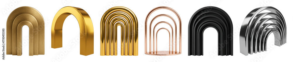 Obraz premium Metallic arch set including gold, silver, copper, and matte black styles isolated. Abstract luxury podiums and architectural design elements.