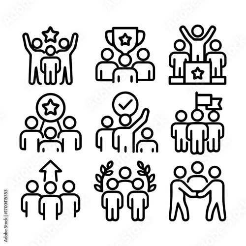 Diverse Teamwork Icons Depicting Success Achievement and Collaboration in Various Forms.